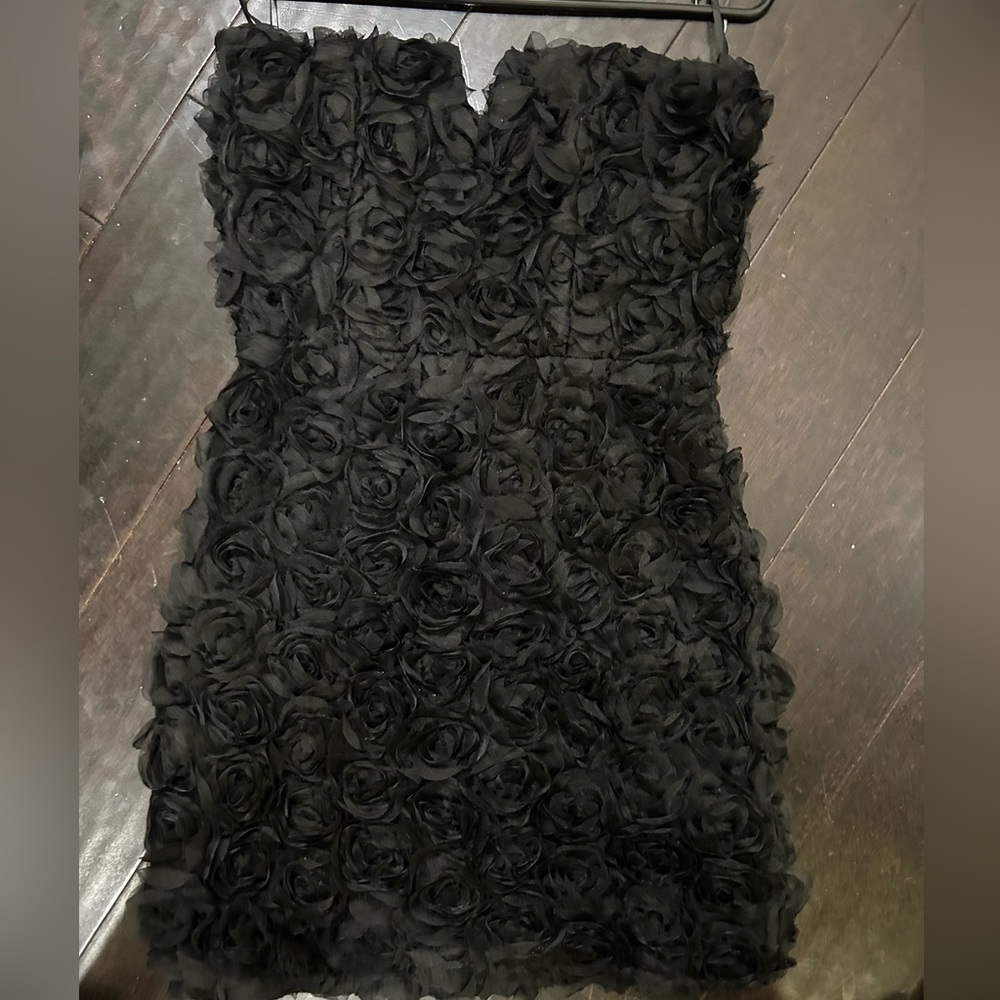New S Elegant Black Strapless mini Dress roses Floral Texture prom formal lbd Sm - Picture 7 of 10